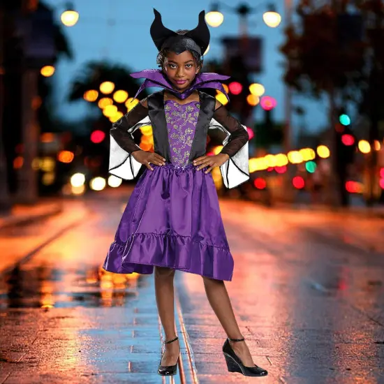 Kids Maleficent Costume Disney Villain Purple Black Dress with Horn Headband {2}