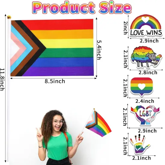40 Pack Progress Rainbow Pride Flag Set - Small Handheld Gay Flag for Parades & Festivals, 50 LGBTQ Stickers 40 Gay Flags {2}