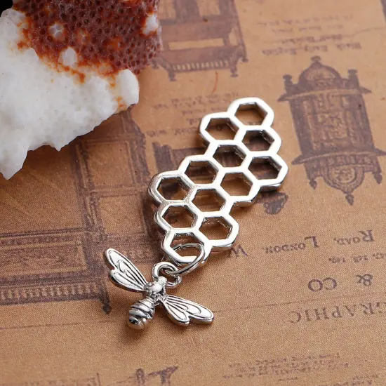 *10* 46x16mm Antique Silver Bee Honeycomb Charms {4}