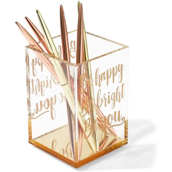 Gold and Clear Acrylic Pen Holder with Inspirational Quotes (2.95 x 4.45 In) {7}