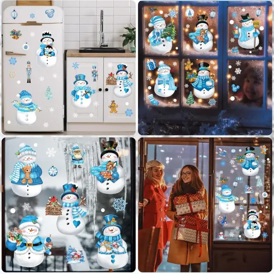Christmas Window Clings - 13 Sheets Blue Snowman Snowflake Decals {5}