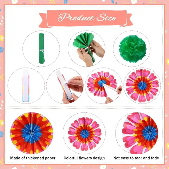 21 Pcs Summer Flower Hanging Paper Fans Flower Paper Fans Classroom Decorations Summer Tissue Pom Poms {3}