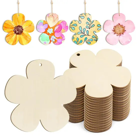 Wooden Flower Ornaments to Paint Spring Decoration Cutouts Unfinished 24PCS 3.5 x 3 inches, DIY Blank Unfinished Pumpkin Wood Discs Ornament for Home Crafts Hanging Easter St.Patricks Day Decoration {1}