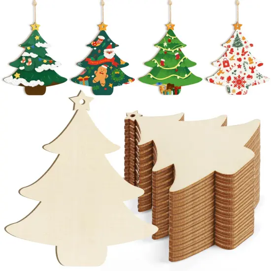 Wooden Christmas Tree Ornaments to Paint Christmas Thanksgiving Decoration Cutouts Unfinished 24PCS 3.5 x 3 inches, DIY Blank Unfinished Christmastree Wood Discs Ornament for Home Crafts Hanging {1}