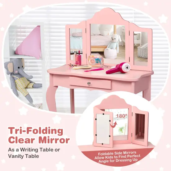 Costway Kids Vanity Table & Stool Princess Dressing Make Up Play Set for Girls White/Pink {5}