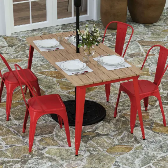 Merrick Lane Dryden Indoor/Outdoor Dining Table with Umbrella Hole, 30" x 60" All Weather Poly Resin Top and Steel Base Brown Top/Red Frame {3}