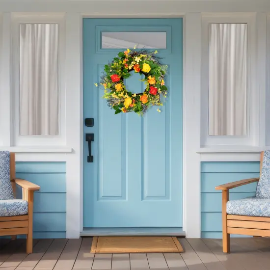 Northlight Ranunculus and Rose Floral Spring Wreath, Orange and Yellow 20" {4}