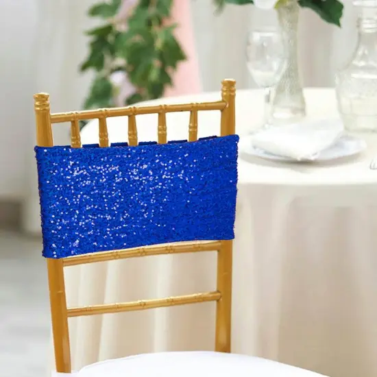 10 Pieces Radiant Royal Blue Sequin Stretch Spandex Chair Bands 7 x 13 Inches {3}
