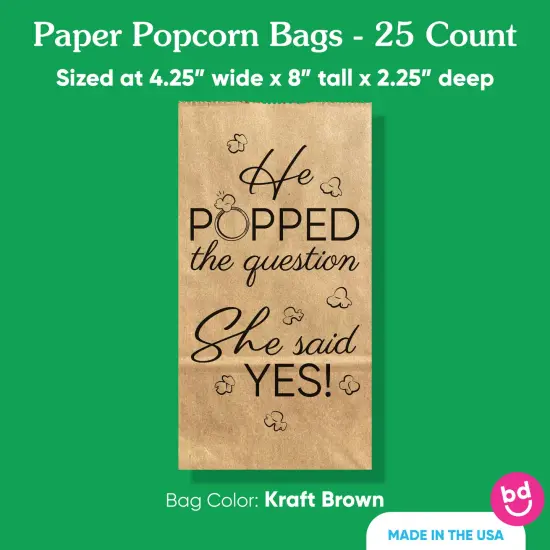 Big Dot of Happiness He Popped the Question She Said Yes Popcorn Bags, Favor Snack Treats, Free-Standing Individual Kraft Brown Paper Bags - 25 Count {5}