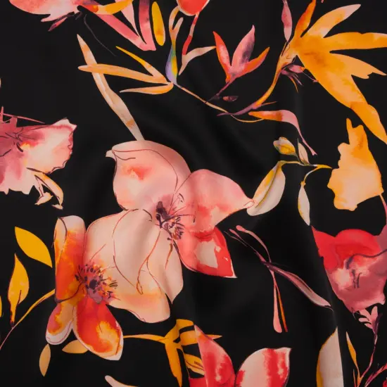 1 Yard Black Orange Red Silk Charmeuse Print Illustrated Watercolor Flowers Made in Italy Width 53" {1}