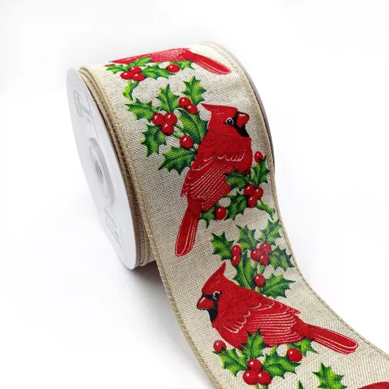Designer&rsquo;s Shop WR 63-5204 Holiday Red Cardinals with holly and red berries Wired edge ribbon 2.5&rdquo; x 10 yard {1}