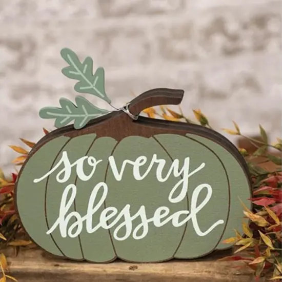 Wooden Pumpkin Sitter with Green Finish and "So Very Blessed" Text {2}