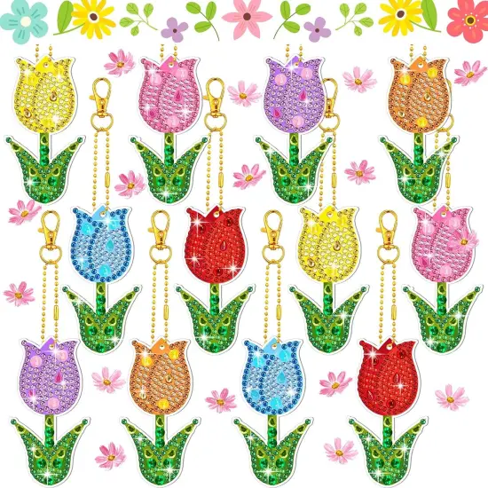 12 Pieces Spring Tulip Diamond Painting Keychain Kits {1}