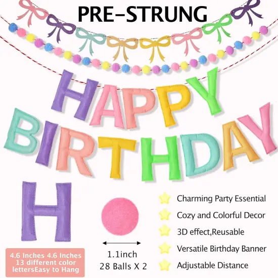 3Pcs 118 Inch Pre-Strung Happy Birthday Felt Banner - Felt Ball Garland -Pastel Birthday Banner with Bow Party Decorations Party Garland for Wall Decoration {2}