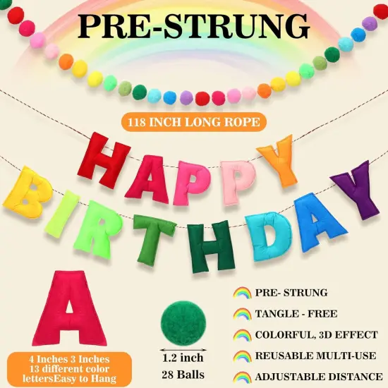 2 Pcs 118 Inch Pre Strung Happy Birthday Felt Fabric Banner with Garland Reusable Natural Handmade Letters & Balls for Party Decor(Rainbow Color) {2}