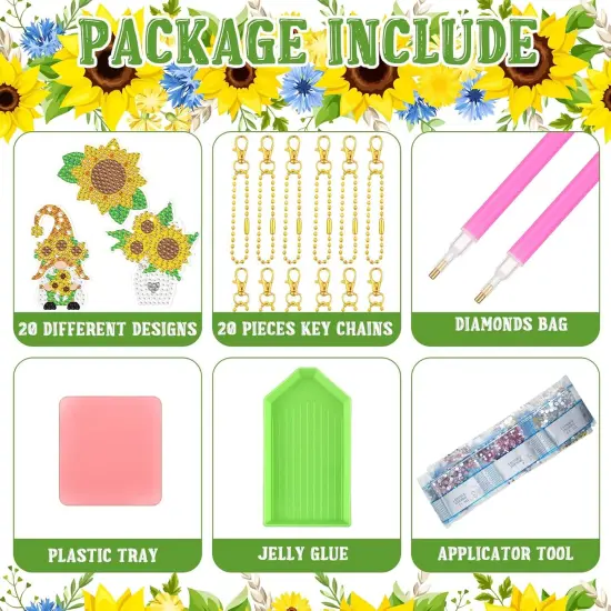 20 Pcs Sunflower Gnome Diamond Painting Keychains DIY Craft 5D Diamond Key Chain Kit Farmhouse Gnome Key Chain Making Kit for Kids Adults Beginners Summer Art Key Ring Pendant Making {5}