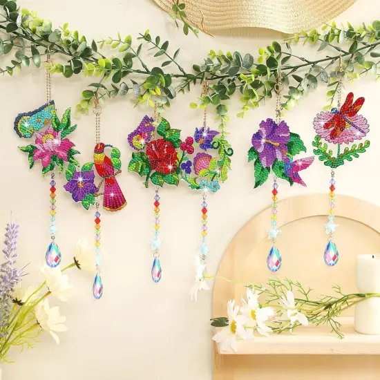 6 Pcs Diamond Art Kits Birds Diamond Wind Chimes Kit Diamond Art Suncatchers Double Sided Flower Ornaments with Crystal Pendant for Adults DIY Spring Summer Home Garden Hanging Ornament {2}