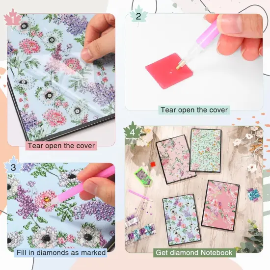 4 Pcs Diamond Painting Notebook for Adults, Diamond Art Journal DIY Art Kits Sets A5 Leather Painting Sketchbook Back to School Supplies Gifts for Adults Beginners(Spring Floral) {4}