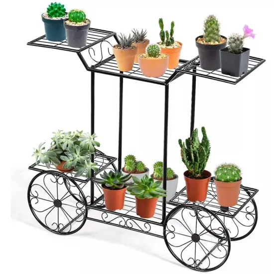 Garden Cart Metal Plant Stand Flower Display Rack Shelf with 4 Decorative Wheels {1}