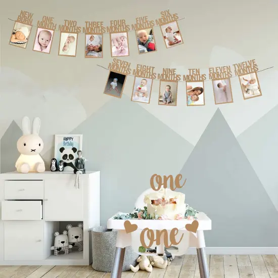 1st Birthday Baby Photo Banner for Newborn to 12 Months And Alphabet ONE Bunting, Alphabet ONE Cake Topper for Baby Show First Birthday Party Decoration {4}