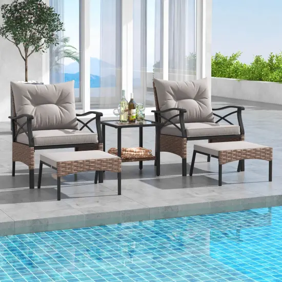 Costway 5 PCS Patio Furniture Set with 2-Tier Coffee Table & 2 Ottomans Cushions Included {1}