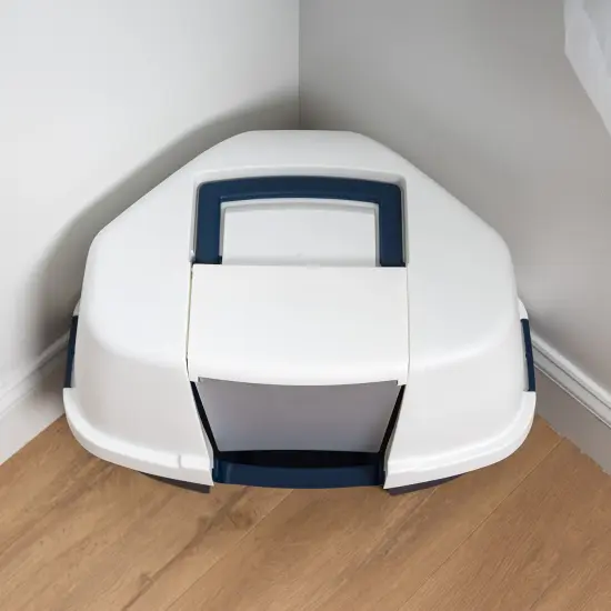 IRIS USA Large Hooded Corner Cat Litter Box with Scoop Navy {3}