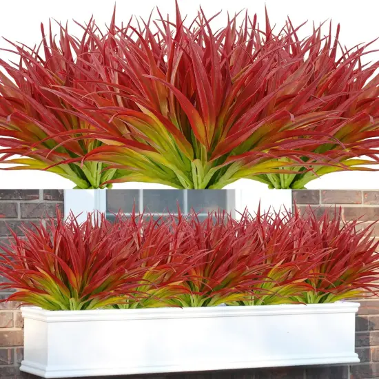 12-Piece UV-Resistant Artificial Grass Set &ndash; 17.3 Inch Faux Greenery for Home and Garden D&eacute;cor Light red & green {1}