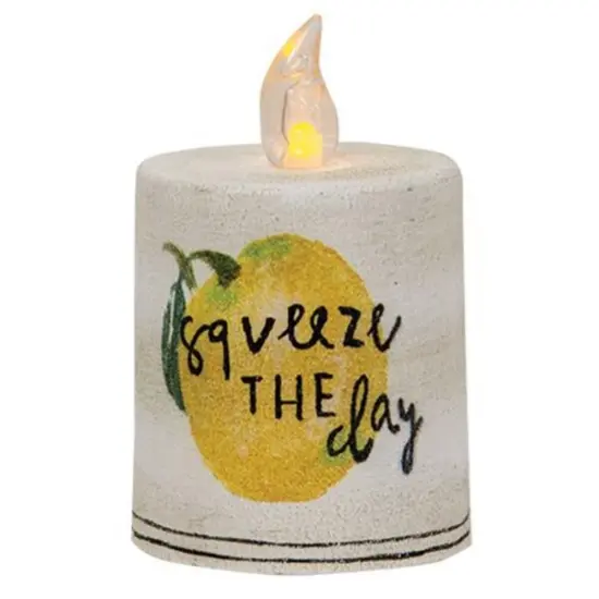 LED Pillar Candle with Built In Timer and Distressed White Style Squeeze the Day {1}