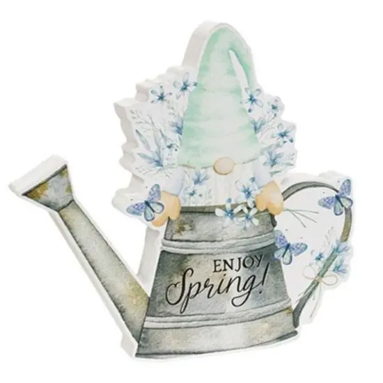 Enjoy Spring Gnome Wooden Sitter Watering Can Tabletop Decor with Mint Green Hat, Blue Florals & Butterflies {1}
