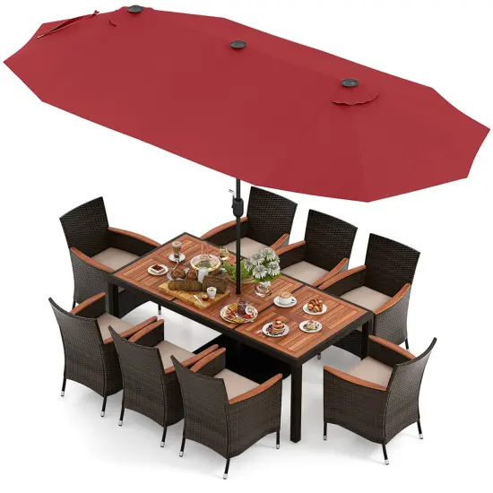 Costway 11 PCS Patio Dining Set with 15ft Double-Sided Patio Umbrella (Base Included) Beige/Coffee/Navy/Orange/Wine/Grey {11}