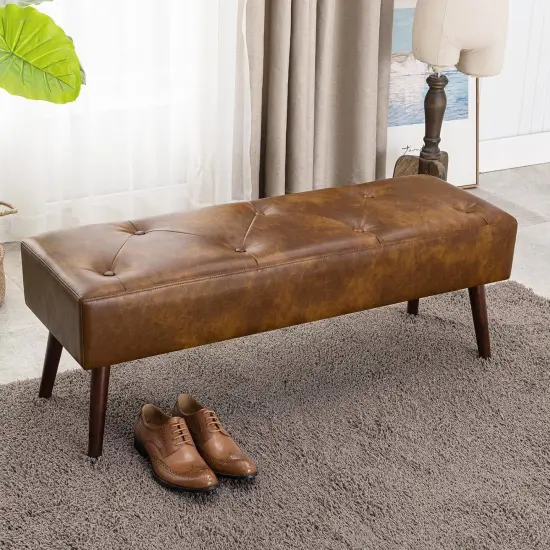 Leather Tufted Bed Bench with Metal Finish and Wood Legs Brown {3}