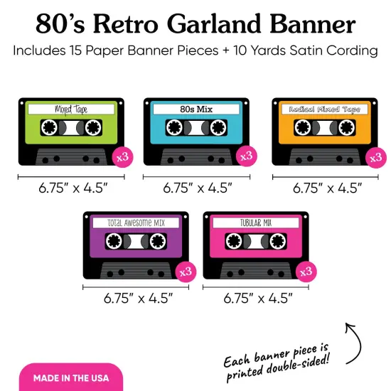 Big Dot of Happiness 80's Retro Garland Banner, Totally 1980s Party Decorations Banner, 30 Feet of Cord, 15 Double-Sided Paper Cassette Tapes {5}