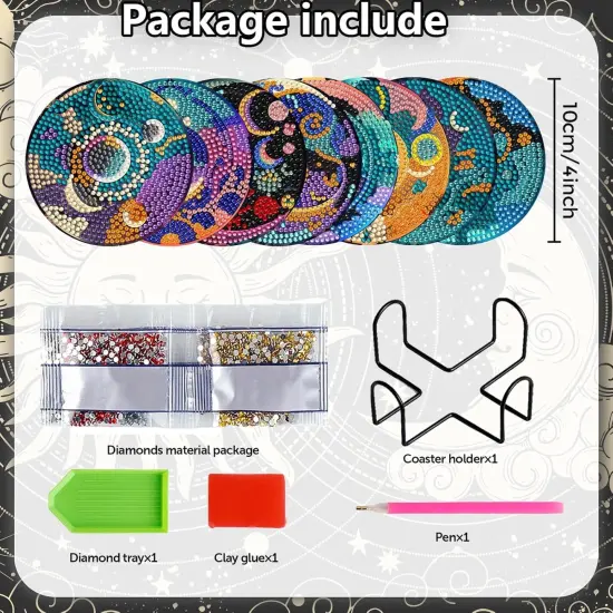8 Pieces Diamond Art Coaster Kit with Holder DIY Sun and Moon Diamond Art Coaster Gifts 5d Diamond Dot Coaster for Beginners Adults Kids Art Table Home Craft Gift Supplies {2}