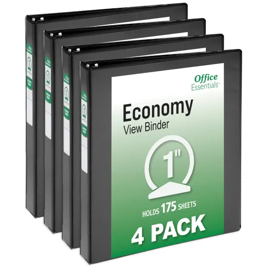 Office Essentials Economy View 3 Ring Binders, 1" Round Rings, 1.4" Spine, 175-Sheet Capacity, Black Binders (4-Pack of 03127) {1}