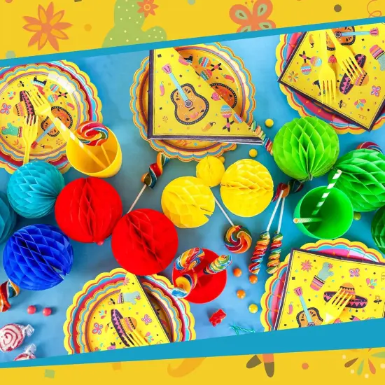 100 Pcs Mexican Themed Fiesta Party Plates Mexican Disposable Tableware for Cinco De Mayo Birthday Party Supply Including Plate Napkin Forks Taco Carnival Baby Shower Decoration for 25 Guests {4}