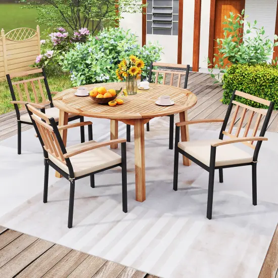 Natural Acacia Wood Round Outdoor Dining Table with Umbrella Hole {2}