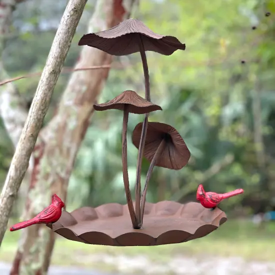 Rustic Brown Triple Mushroom Bird Feeder &ndash; Pie Plate Tray, Farmhouse Decor {7}