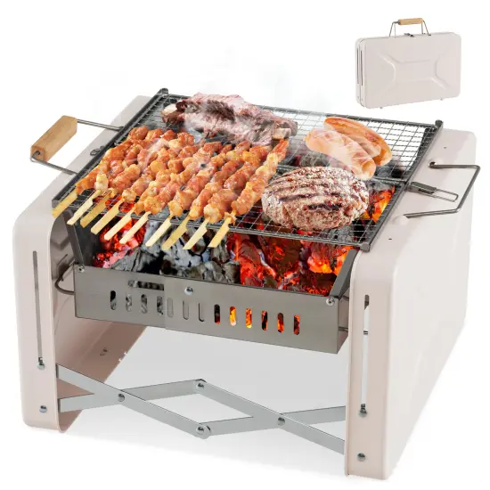 Folding Charcoal BBQ Grill with Dishwasher-safe Grill Grids and Charcoal Box-Beige {1}