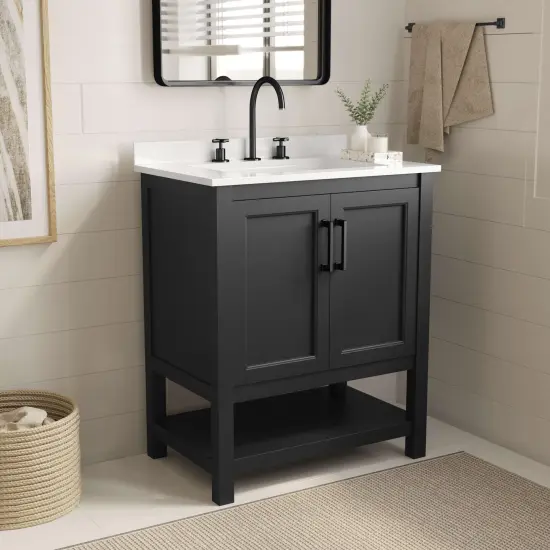 Merrick Lane Vigo Bathroom Vanity with Ceramic Sink, Carrara Marble Finish Countertop, Storage Cabinet with Soft Close Doors and Open Shelf {7}