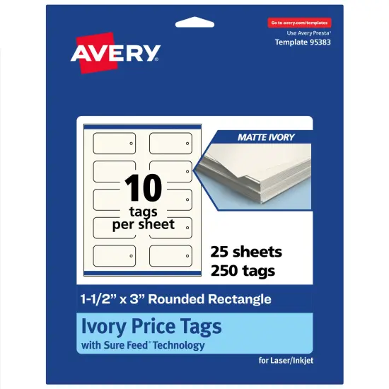 Avery Printable Rounded Rectangle Price Tags, Sure Feed Technology, 1-1/2" x 3", Matte Ivory Cardstock, Print-to-The-Edge, Laser/Inkjet Printable, 100 Total {1}