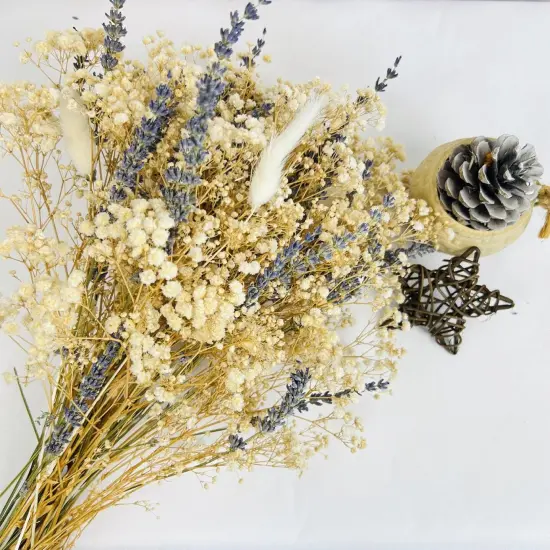 Dried Lavender & Baby's Breath & White Bunny Tails Flowers Bundles, Dried Flower Bouquet for Vase, Natural Gypsophila for Home, Wedding, Floral {3}