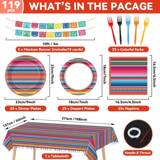 119 Pcs Mexican Fiesta Party Supplies Set Includes Cinco De Mayo Mexico Serape Plates, Napkins, Forks, Tablecloth, Banners, Colorful Stripes Tableware for Dance Pinata Taco Party, Serve 25 {2}