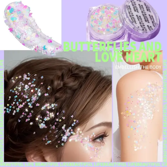 Face Glitter Body Glitter, Clear White Body Glitter Gel, Hair Glitter Gel, 6 Shapes Rave Glitter, Mermaid Sequins Makeup Glitters Face Paint, Chunky Sparkling Glitter Gel for Women {5}
