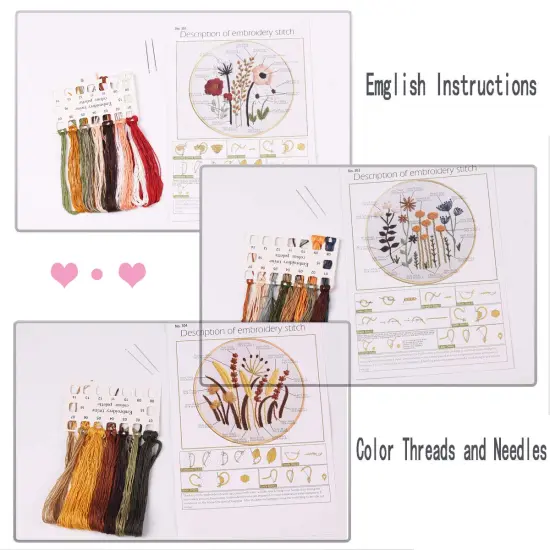 3 Sets of Beginner Embroidery Kits with 3 Patterns and 6 Needles, Needlepoint Kits for Adults,Including Embroidery Floss,3 Plastic Hoops and 3 Cotton Fabric {6}