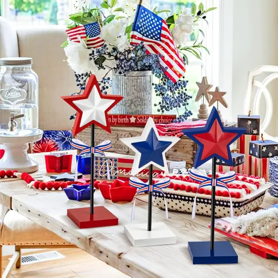 3 Pieces 4th of July Tiered Tray Decor Wood Star Set, Memorial Day Table Decorations, Rustic Patriotic Table Decorations {2}