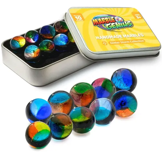 Marble Genius Collectors Marbles, Glittery Design, 16mm (⅝ Inch), 10 Handmade Glass Marbles, Gifts for Marble Lovers, Gifts for Kids Ages 3-14 {1}