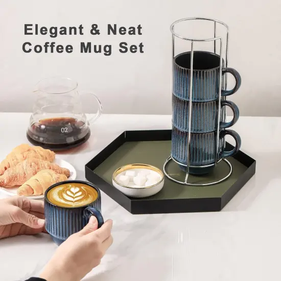 Navy Coffee Mugs Porcelain Set of 4 with Rack {5}