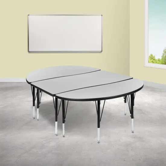 Emma and Oliver 3 Piece 76" Oval Wave Collaborative Grey Kids Adjustable Activity Table Set {1}