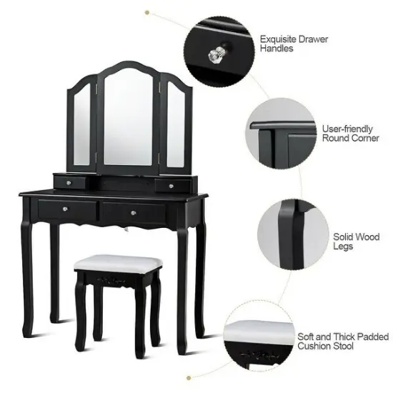 Tri Folding Mirror Vanity Table Stool Set with 4 Drawers and Cushioned Stool Black {5}