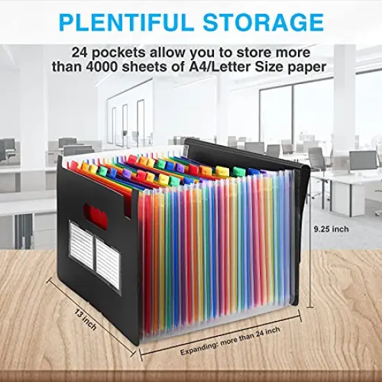 24 Pockets Expanding File Folder with Blank Labels, According File Organizer with Expandable Cover, Desktop Accordion Folders Letter A4 Paper Document Storage Organizer, Black {2}